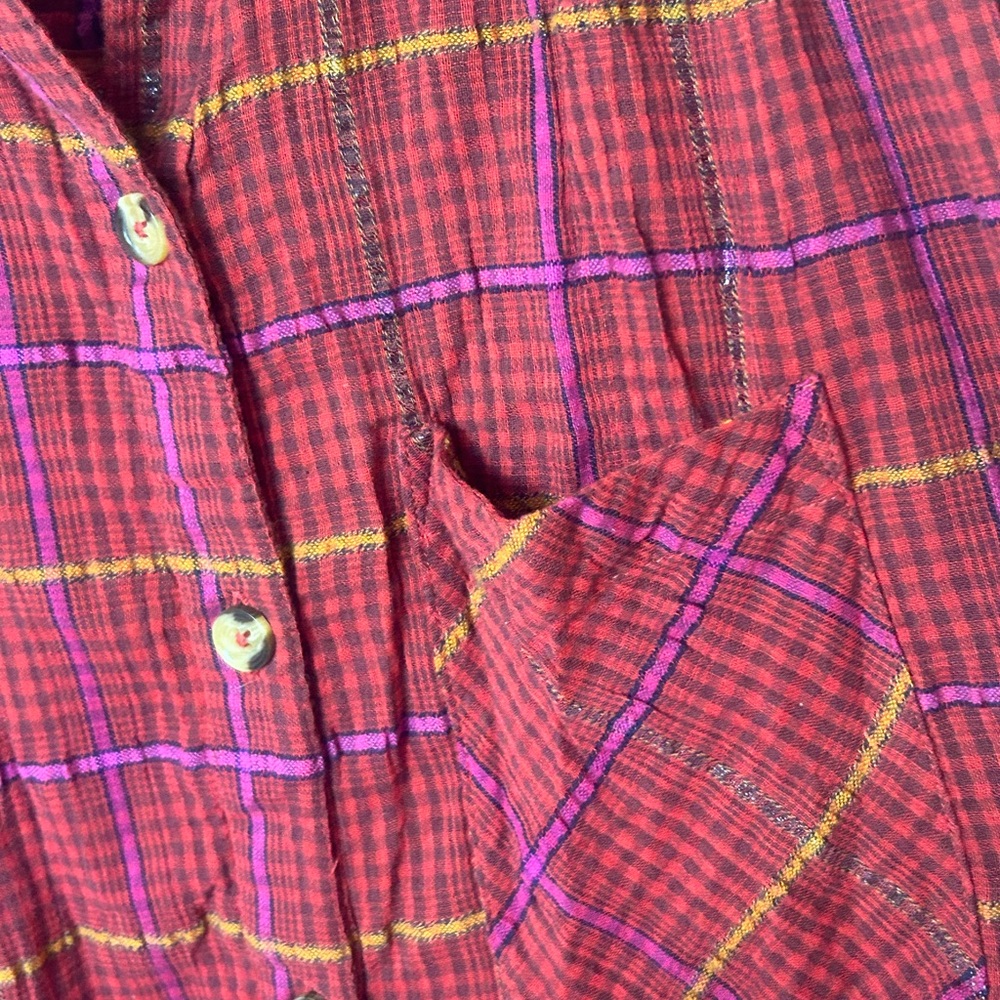 Free People Break My Stride Plaid Button Down Shirt, Red, Metallic Stripe Small - Picture 4 of 8